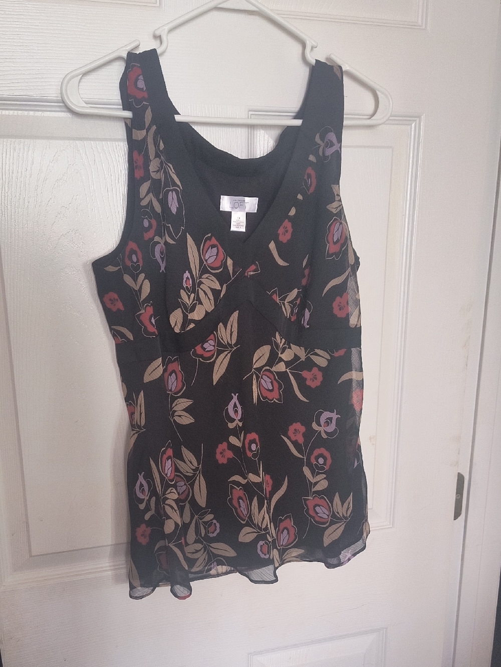LOFT Black Floral V-Neck Camisole with Purple and Tan Accents